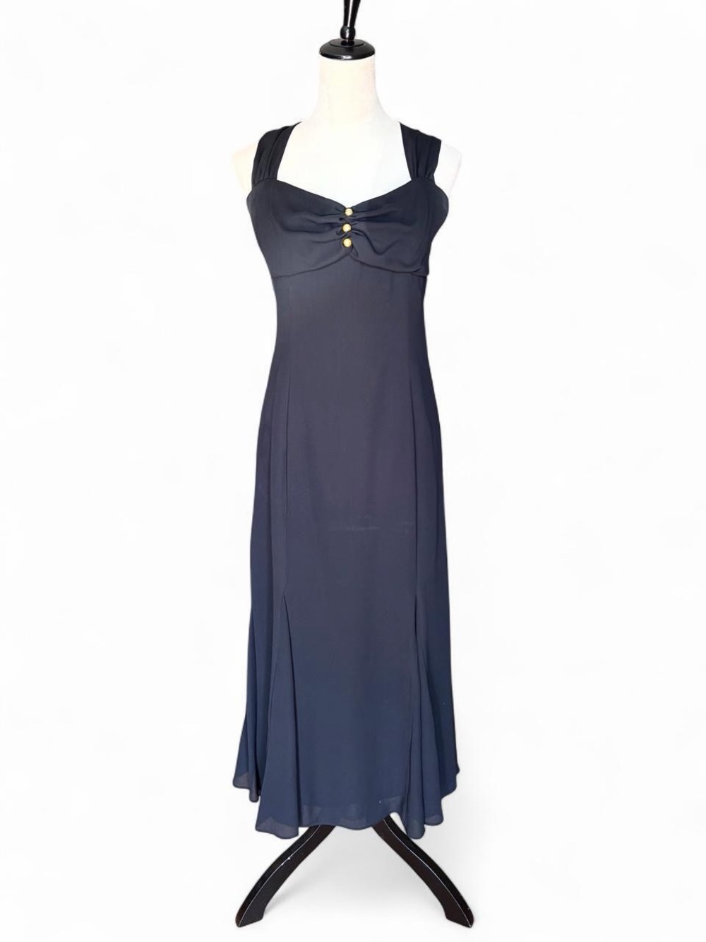 Gunne Sax black cross back maxi dress with pearls, party dress LBD